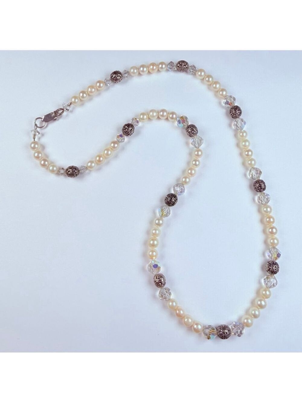 Deb Guyot Natural Pearl Crystal & Sterling Silver 925 Strand Vintage Necklace